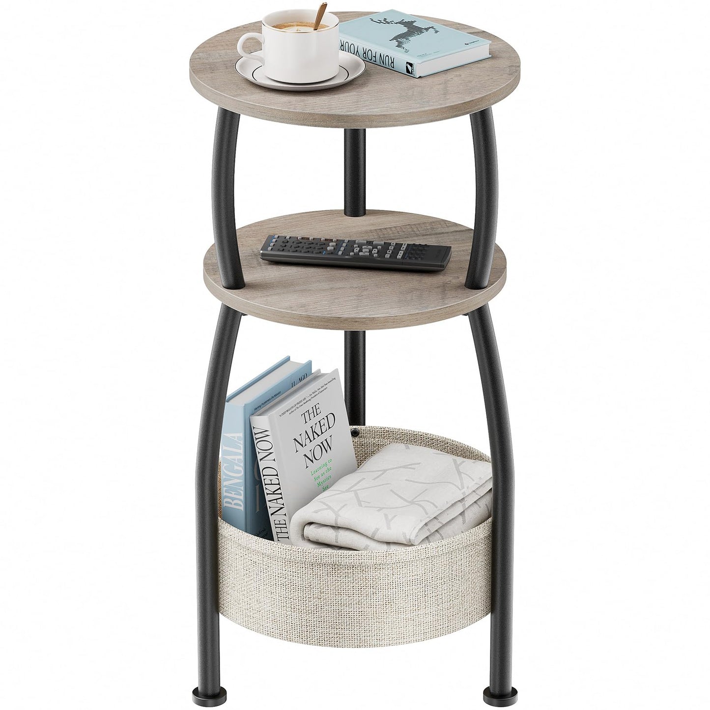 Yuede Round Side Table with Storage Basket –Small Space Saving End Table 3-Tier Coffee Table Bedside Corner Stand for Living Room, Bedroom, Garden and More 24in Tall Greige