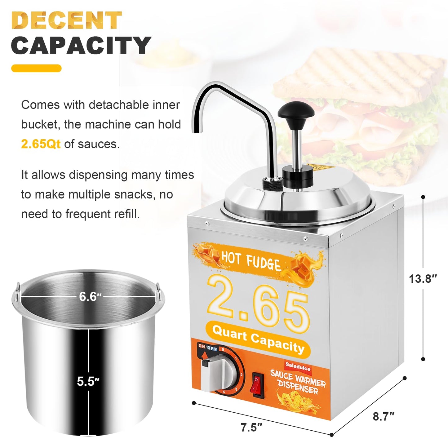 Nacho Cheese Dispenser with Stainless Pump, 2.6Quart Nacho Cheese Sauce Warmer Hot Fudge Dispenser 86-194℉ Insulated Pump Dispenser for Cheese Sauce Hot Fudge Butter