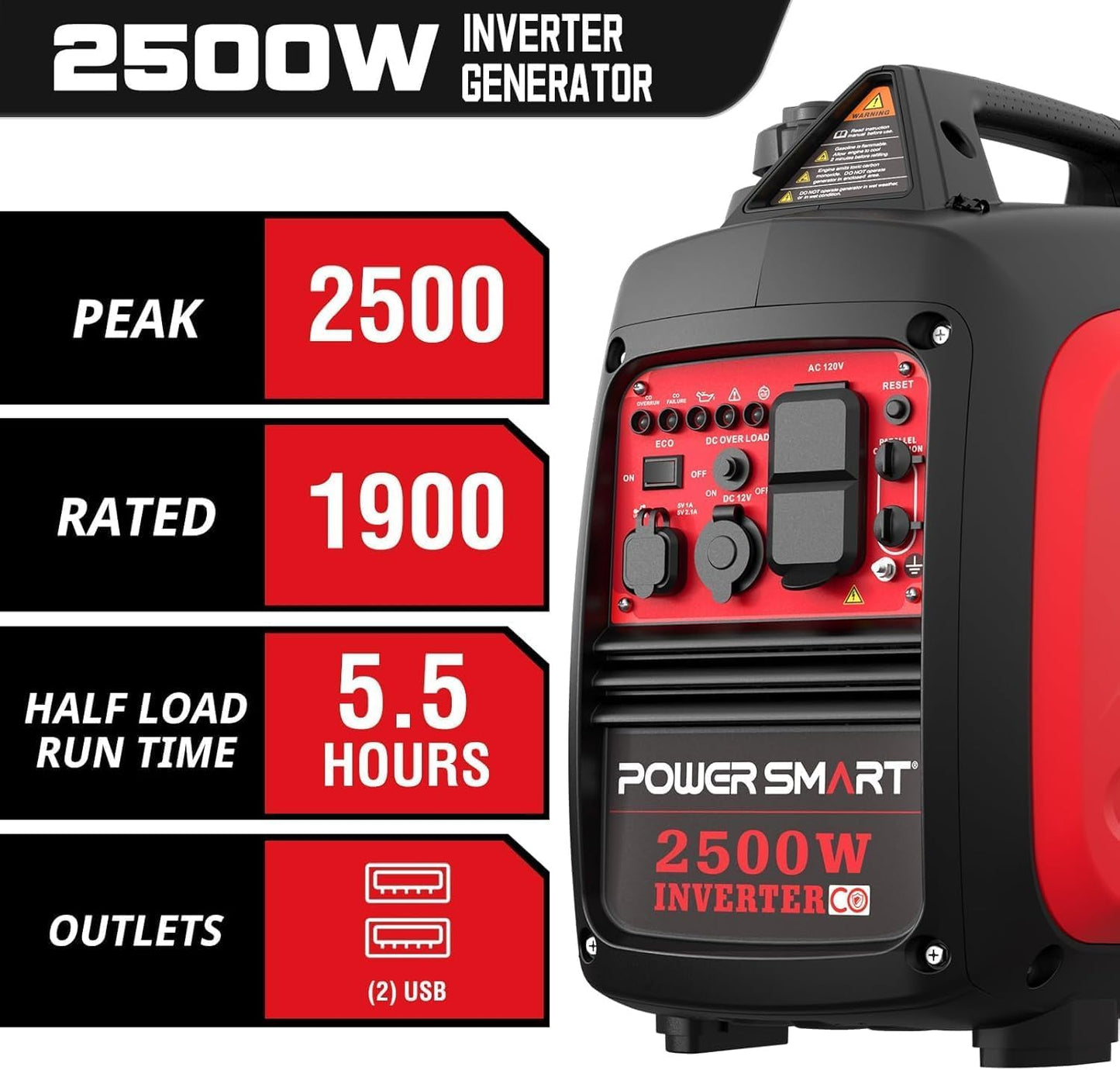 PowerSmart 2500-Watt Gas Powered Portable Inverter Generator, CO Sensor, Super Quiet for Camping, Home Emergency Use, EPA Compliant 2025 Version
