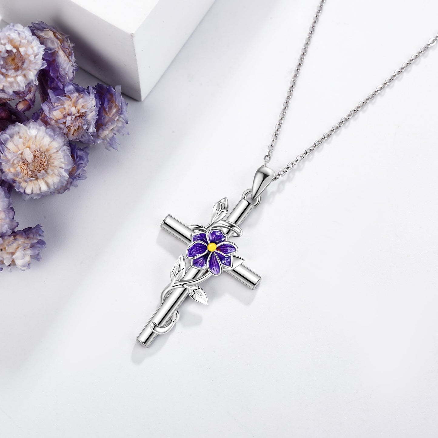 Larkspur Necklace 925 Sterling Silver Cross Larkspur Pendant Necklace July Birth Flower Jewelry for Women Gifts