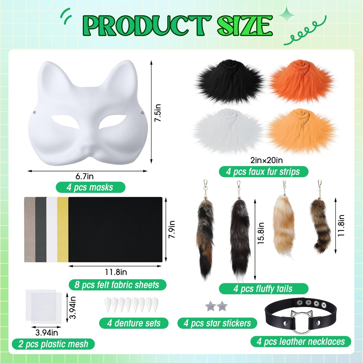 Soulchen 34 Pcs DIY Therian Fox Tail and Mask Kit Blank Cat Masks Craft Set Include Faux Felt Fur Sheet Plastic Eye Mesh Leather Necklace Dentures Star Stickers for Halloween Masquerade Cosplay Party