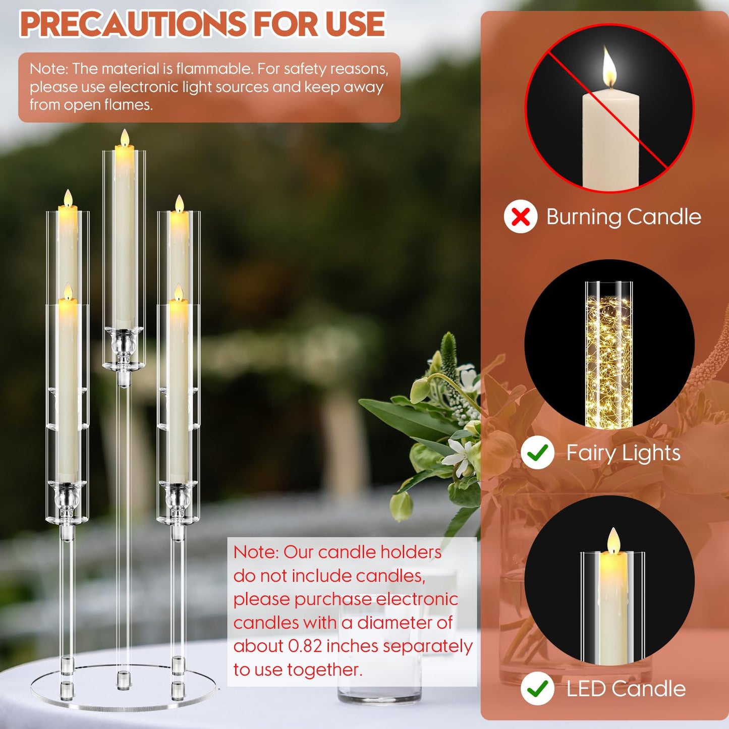 6 Set 5 Arm Acrylic Candelabra Centerpiece, Mjkeomo 27'' Tall Clear Candle Holder for Table, Wedding, Christmas, Fireplace Mantel Decor, Fits 0.82" LED Candles"