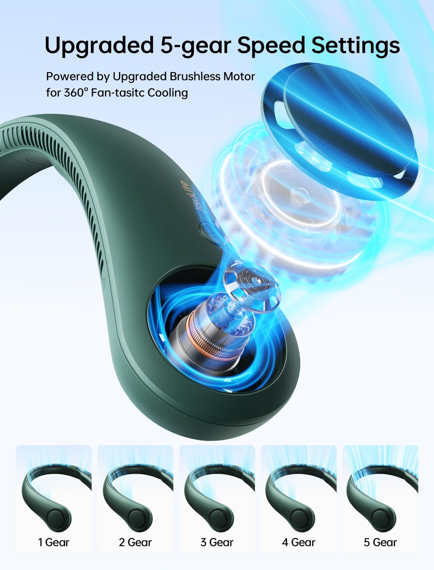 JISULIFE Portable Neck Fan, Hands Free Bladeless Fan, 5 Speeds, 4000 mAh Battery Operated Wearable Personal Fan, Twistable, Rechargeable, Gift for Women Men-Dark Green