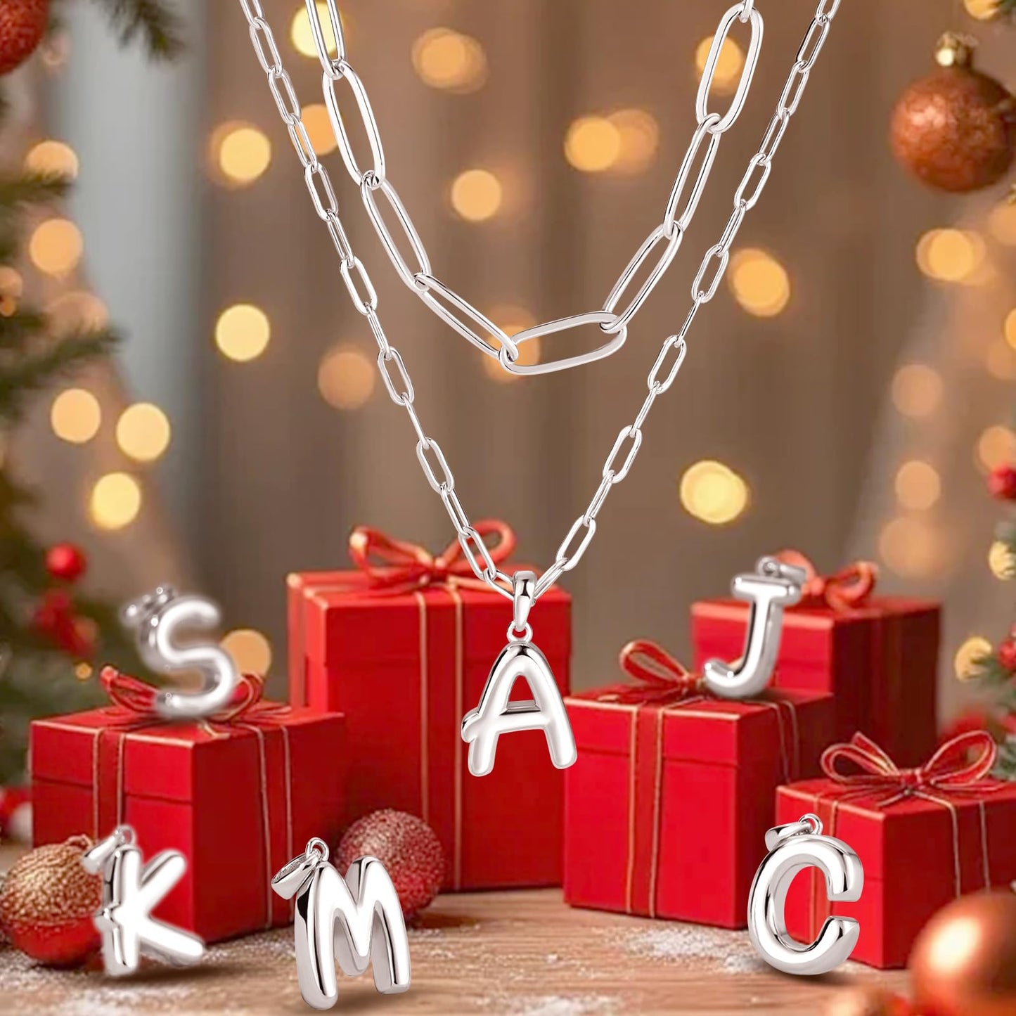 adoyi Silver Initial Necklace for Women 14k Gold Plated Layered Bubble Letter Necklaces Trendy Jewelry Chain Name N Pendant Necklace Stack Birthday Valentines Gifts