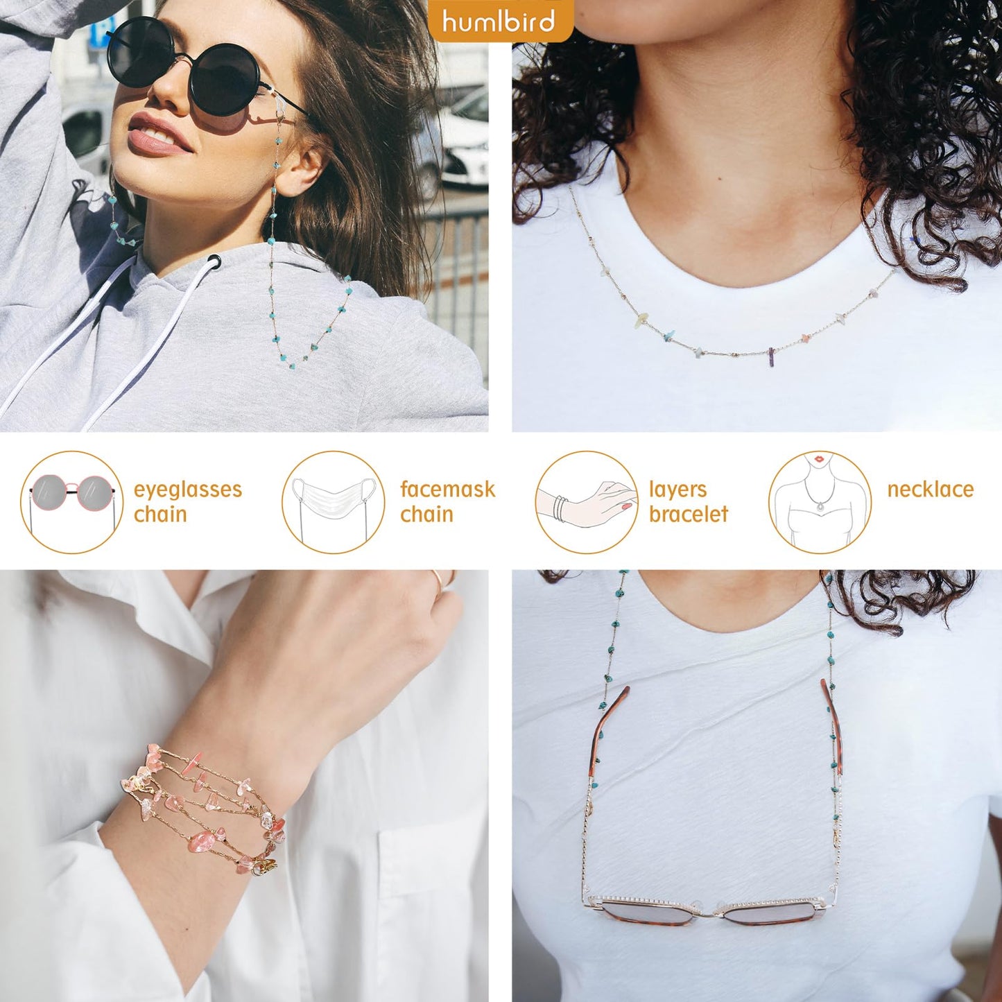 humlbird Eyeglass Chains for Women Stylish Glasses Lanyard Sunglass Chain Natural Crystal Mask Chain Eye Glasses Strap Blue