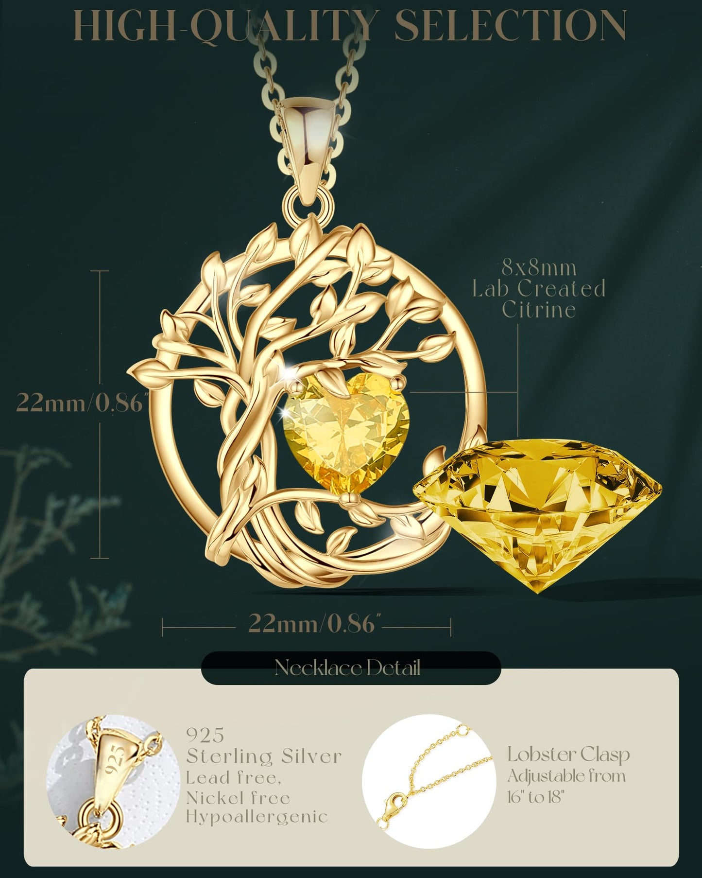 FANCIME Tree of life November Birthstone Necklace for Women Sterling Silver Yellow Gold Plated Citrine Pendant Yellow Topaz Gemstone Birthday Jewelry Mothers Day Gifts for Wife Mom Her