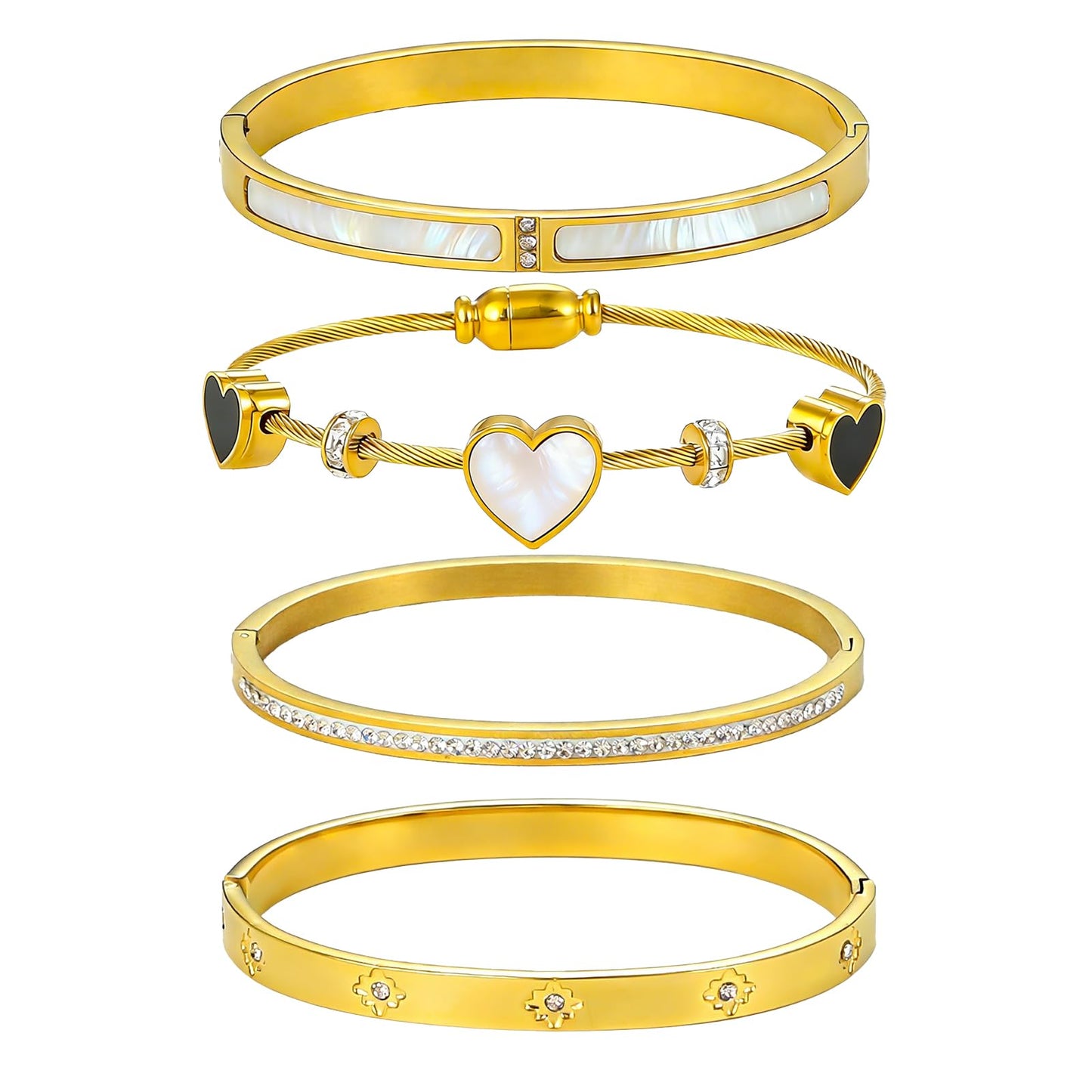 Women's 18K Gold Plated Stainless Steel Bracelet Set (6cm/2.3inch) - Waterproof Delicate Stackable Bangle Set with Mother of Pearl, Heart Design & Cubic Zirconia for Women Jewelry Gifts (4pcs Bracelet Set A)