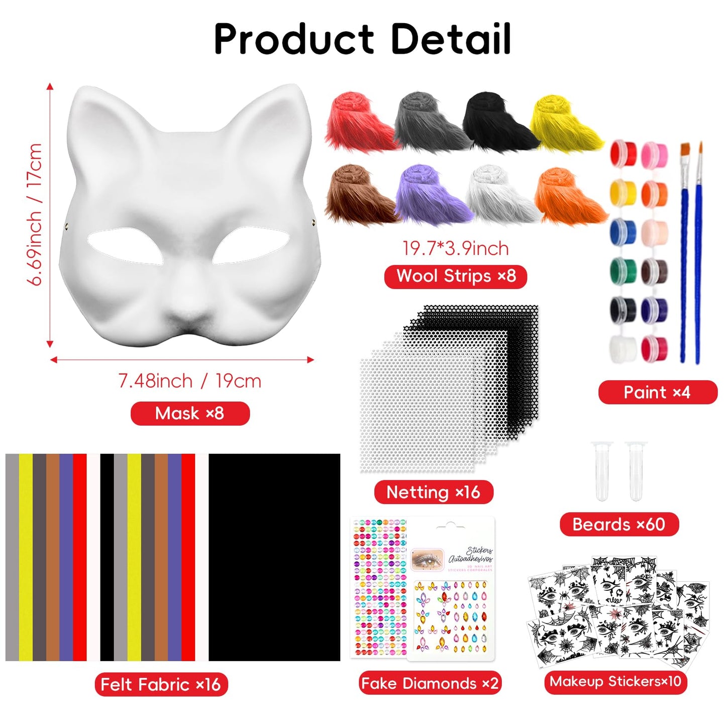Blurap 124 PCS Therian Mask Kit Cat Masks to Dress Up DIY Therian Cat Mask Set with Fur Eye Mesh Stickers Furry Masks for Christmas Easter Crafts Masquerade Cosplay Party