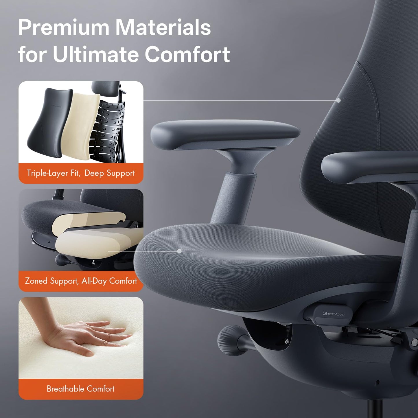 LiberNovo Dynamic Ergonomic Desk Chair + StepSync Footrest Bundle - Comfy Home Office Chair with Adaptive Lumbar Support, 160° Recline & Built-in Spine Stretch, Gray+48cm