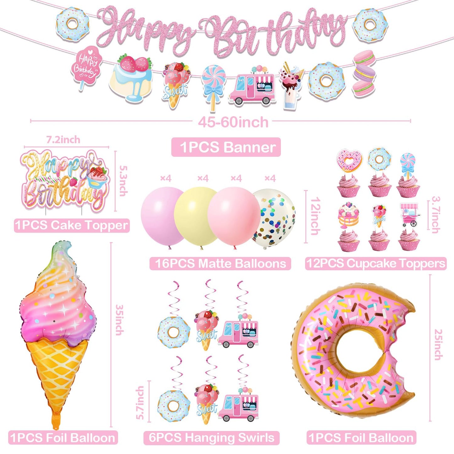 JUYRLE Sweets Birthday Party Decorations for Girls- Pastel Ice Cream Party Supplies, Donut Balloons Happy Birthday Banner Cupcake Topper Candy Theme Birthday for Baby Shower Wedding