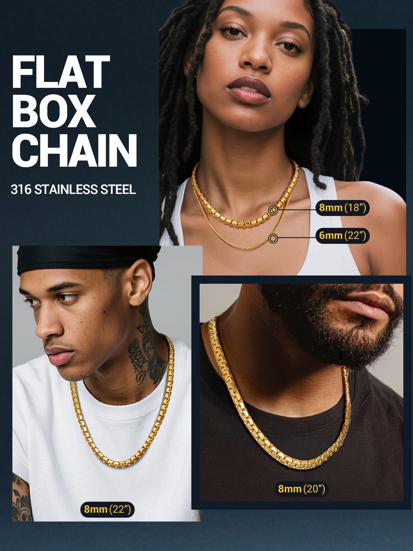 PROSTEEL Gold Chain for Men Stainless Steel Gold Necklace Tarnish-Resistant 8mm Flat Box Necklace Punk Cool Chain