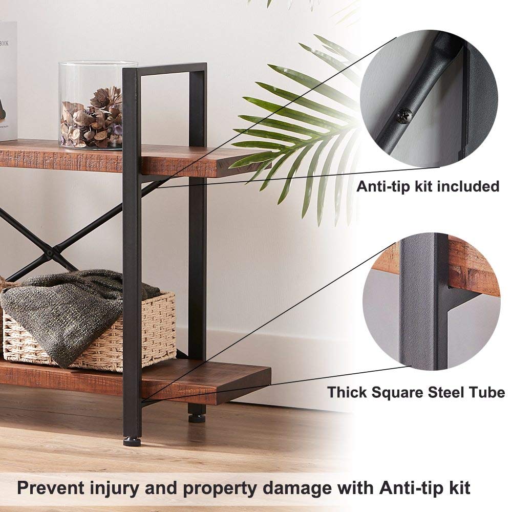 HSH Natural Real Wood Bookshelf, 2 Tier Small Rustic Vintage Industrial Etagere Bookcase, Low Open Metal Farmhouse Solid Wooden Book Shelf, 2 Shelf Bookcase for Living Room Bedroom, Distressed Brown