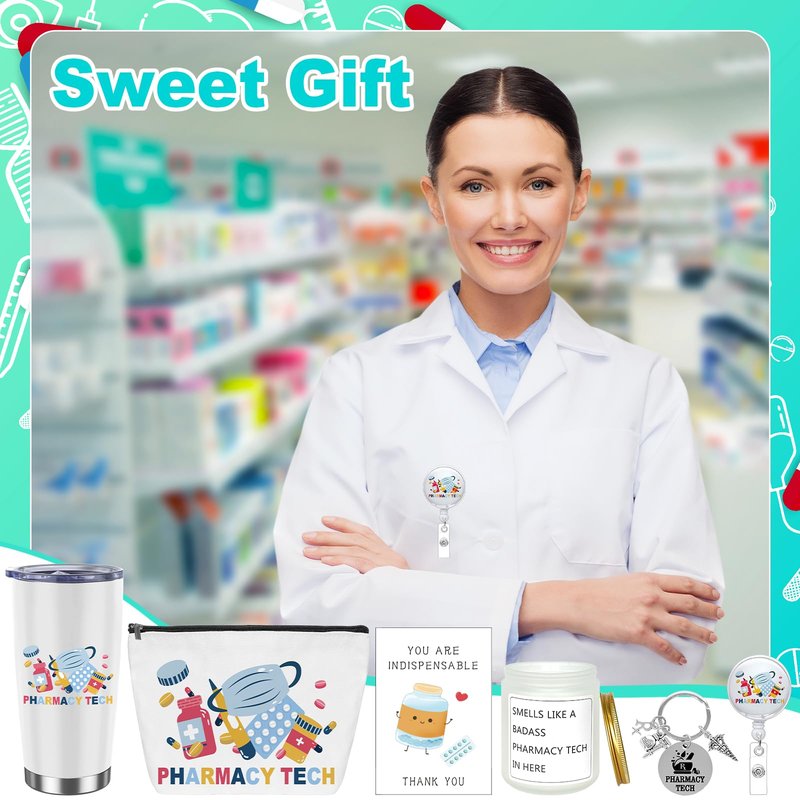 6Pcs Pharmacy Technician Appreciation Gifts Include Cup Portable Cosmetic Bag Badge Keychain Aromatherapy Thank You Card Pharmacy Technician Accessories for Doctors Nurses Week Gift Supplies