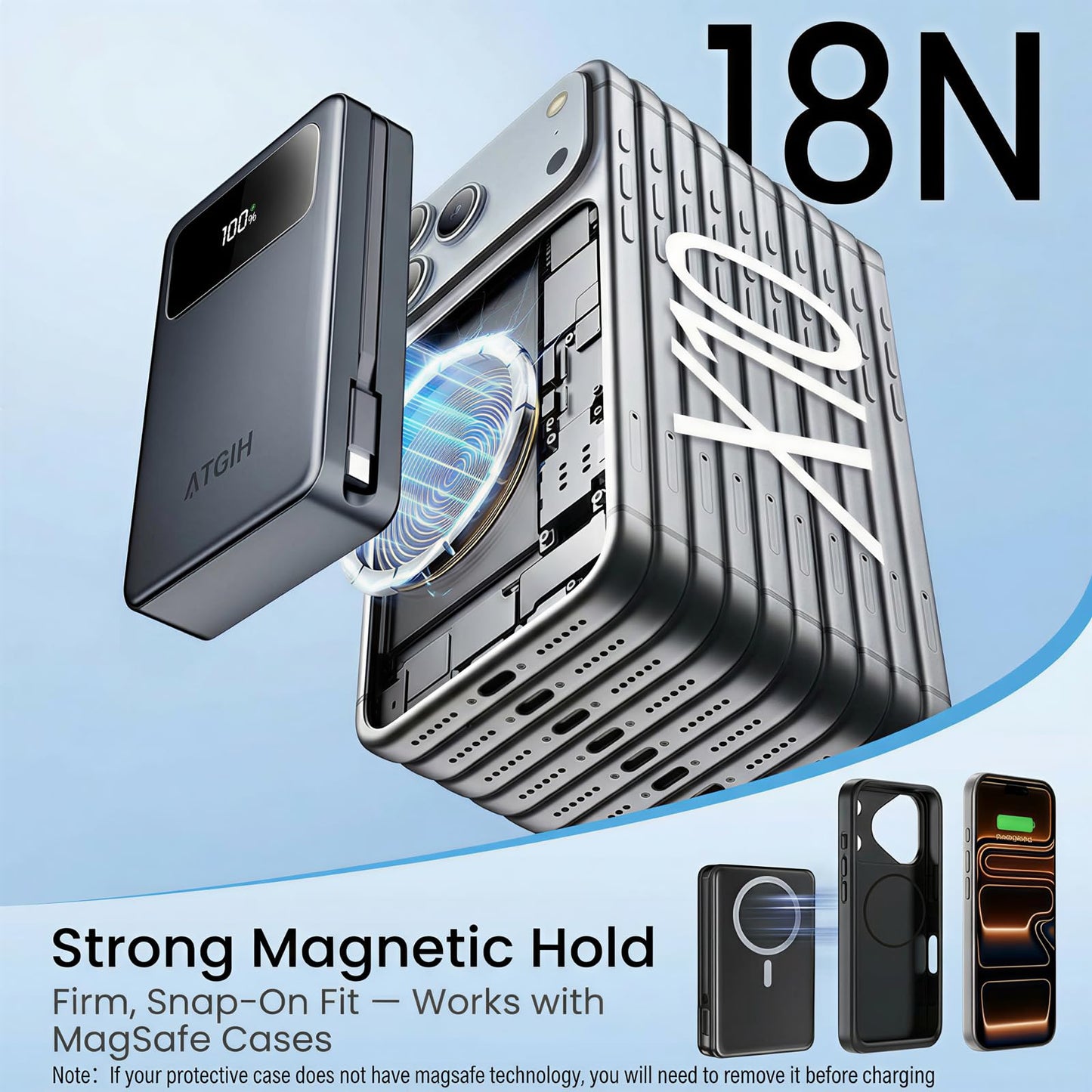 ATGIH 20000mAh Magsafe Wireless Power Bank, 5-in-1 Portable Charger with 2 Built in Cables, 20W PD Fast Charging for Magnetic Battery Pack Phone Charger, for iPhone 17 16 15 14 13, 12，All Series