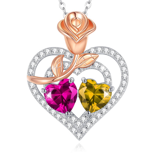 AGVANA October November Birthstone Jewelry Pink Tourmaline Citrine Necklace Sterling Silver Rose Flower Heart Double Birthstone Pendant Necklace Anniversary Birthday Gifts for Women Mom Wife Lady Her