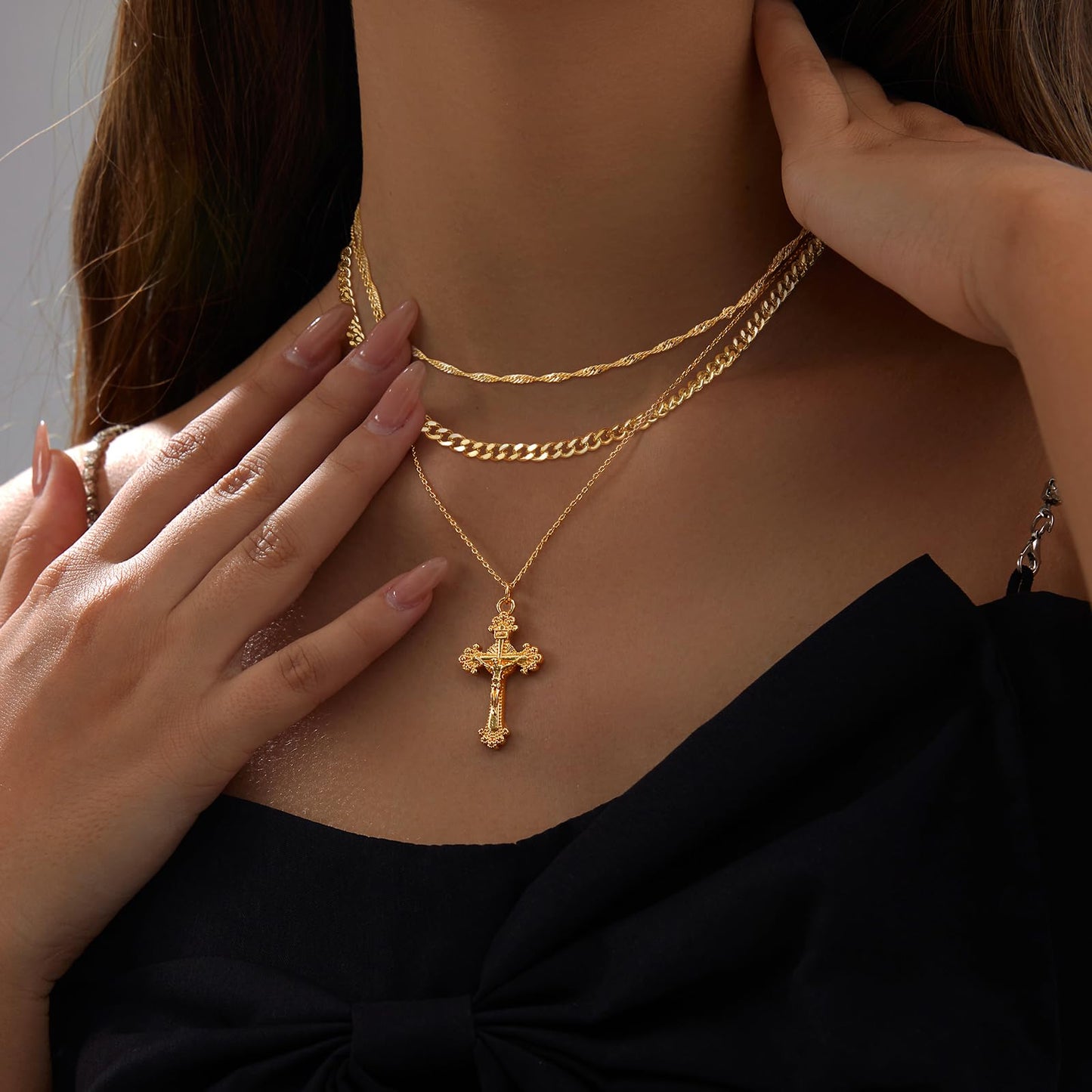 HAXIYA Gold Cross Necklace for Women 14K Gold Plated Choker Cross Pendant Necklaces Cuban Link Wave Link chain Layered Minimalist Simple Tiny God Lords Prayer Religious Jewelry