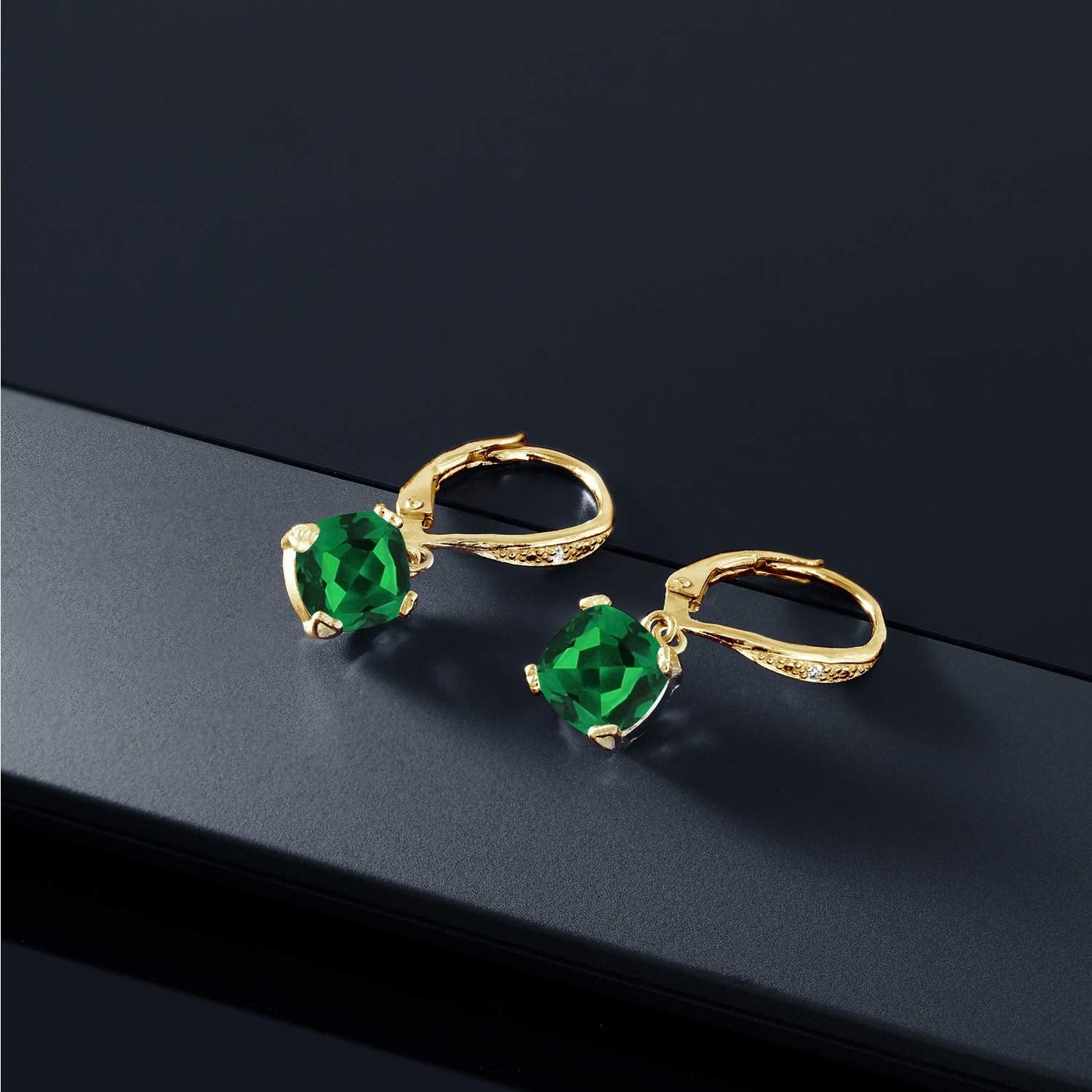 Gem Stone King Drop Dangle Earrings For Women | 7MM Cushion Cut Gemstone Birthstone and Diamond | 925 Sterling Silver | Jewelry Gift for Mom Wife Her | Nano Emerald-May | Yellow Gold
