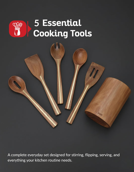 Acacia Utensil Set of 5 with Holder – Premium Wooden Cooking Utensils, Eco Friendly Acacia Wood Spatula & Spoon Set, Nonstick Safe Kitchen Tools
