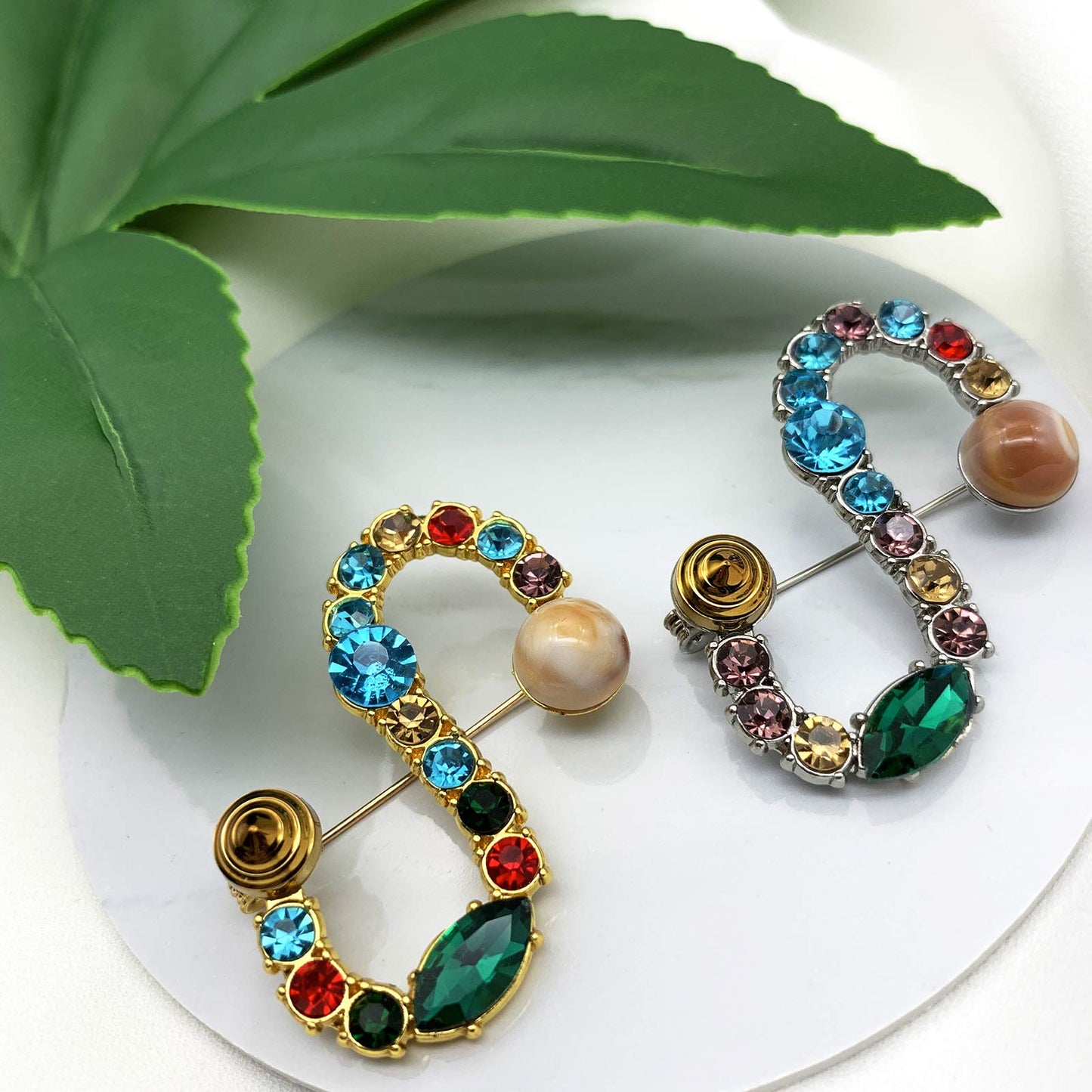 XGALBLA Letters S Plated Metal Stone Clear Colorful Crystal Lapel Pin Brooches Collar(Gold Tone)