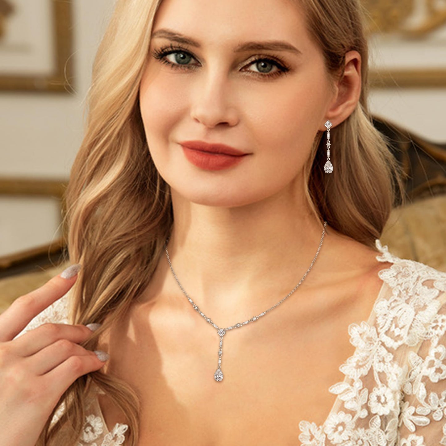 EVER FAITH White Cubic Zirconia Bridal Jewelry Set Elegant Rhombic April Birthstone Teardrop Wedding Prom Choker Necklace Dangle Earrings Sets for Women
