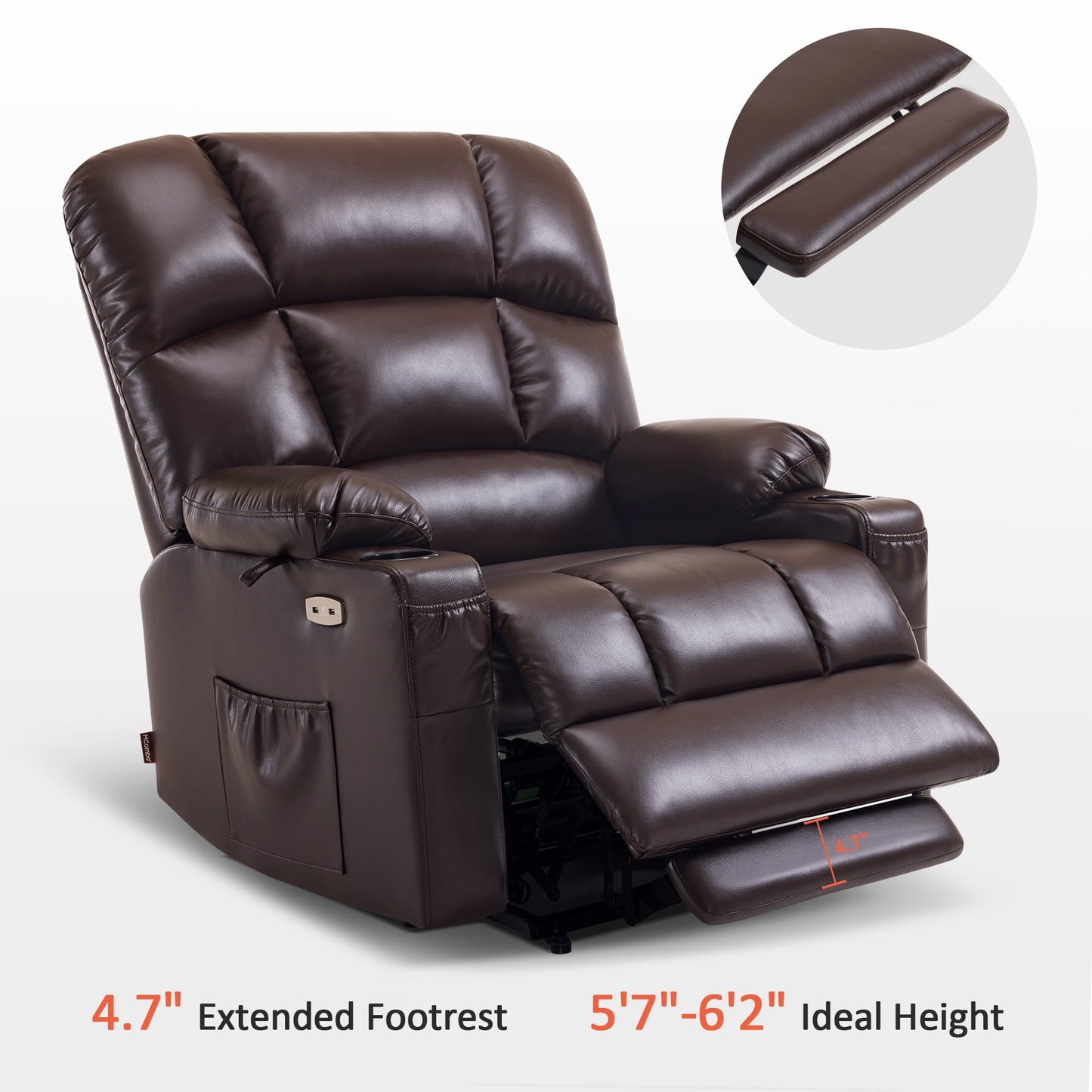 MCombo Oversized Dual Motor Power Lift Recliner Chair Sofa with Massage and Heat for Big Elderly People, Infinite Position, USB Ports, Faux Leather R7688 (Dark Brown, Large-Oversize)