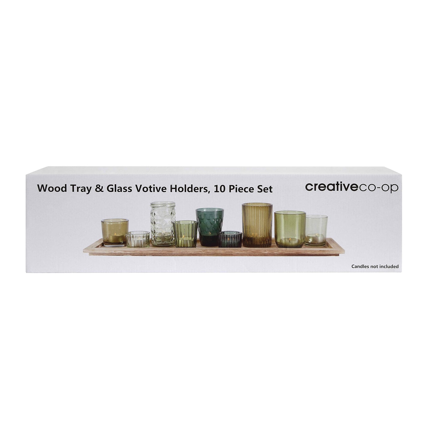 Creative Co-Op Wood Tray with 9 Green Glass Votive Holders