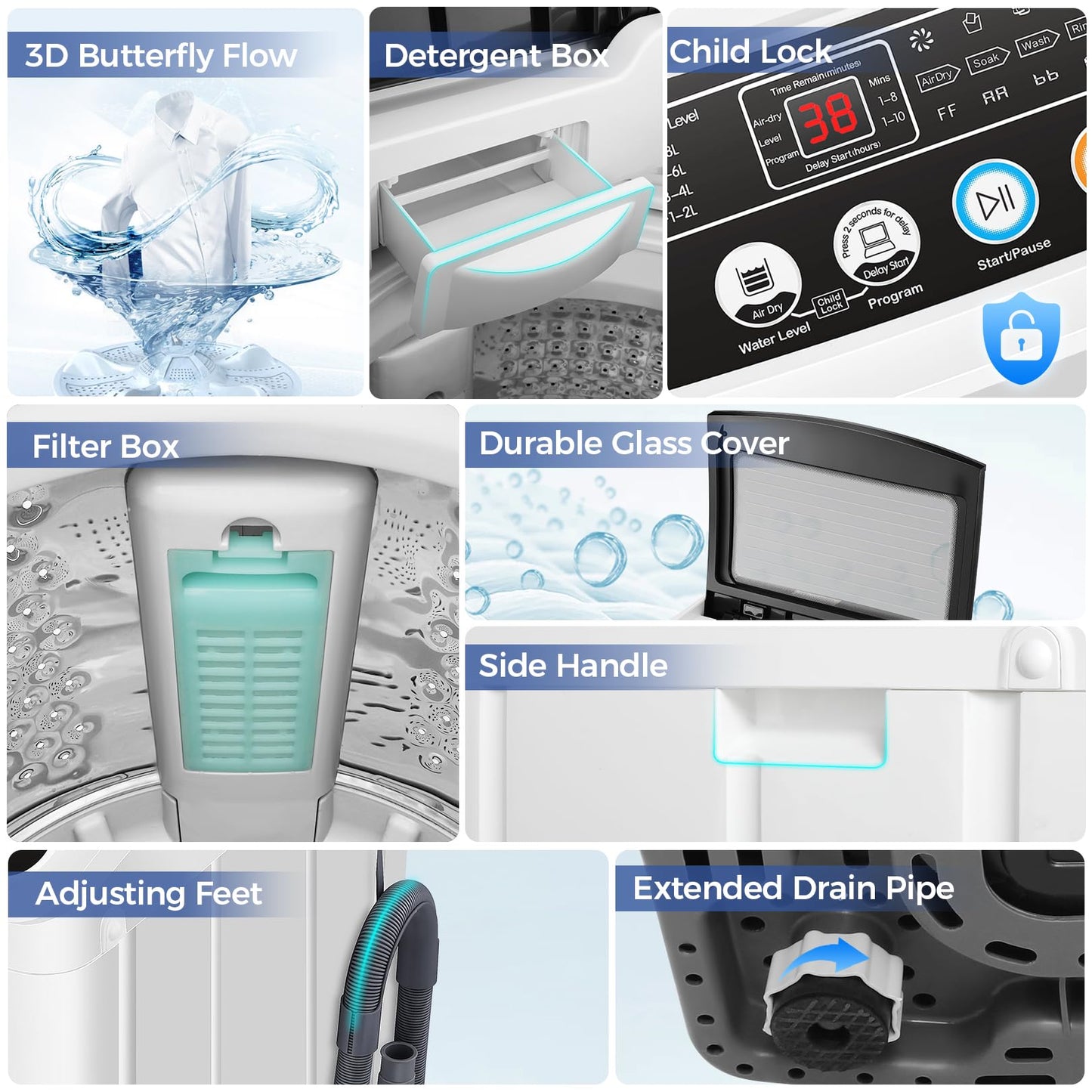 Nictemaw Portable Washing Machine 20Lbs Portable Washer Machine with 10 Programs 8 Water Levels, 2.8 Cu.ft Washer and Dryer Combo with Drain Pump, Compact Laundry Machine for Apartments- Glass Cover