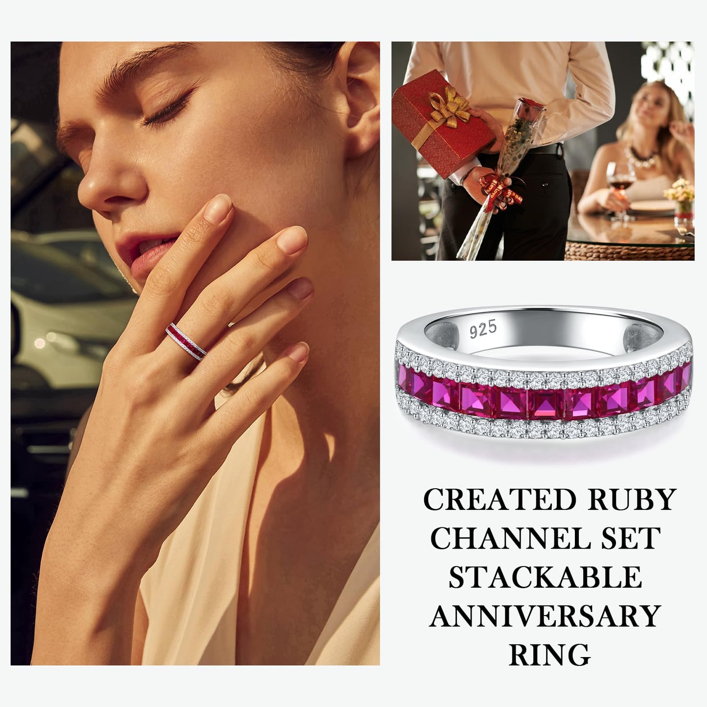 RANDES Ruby Ring Eternity Band Thick Wedding Bands for Women 925 Sterling Silver Red Stone Ring Channel Set Anniversary Band Size 8.5