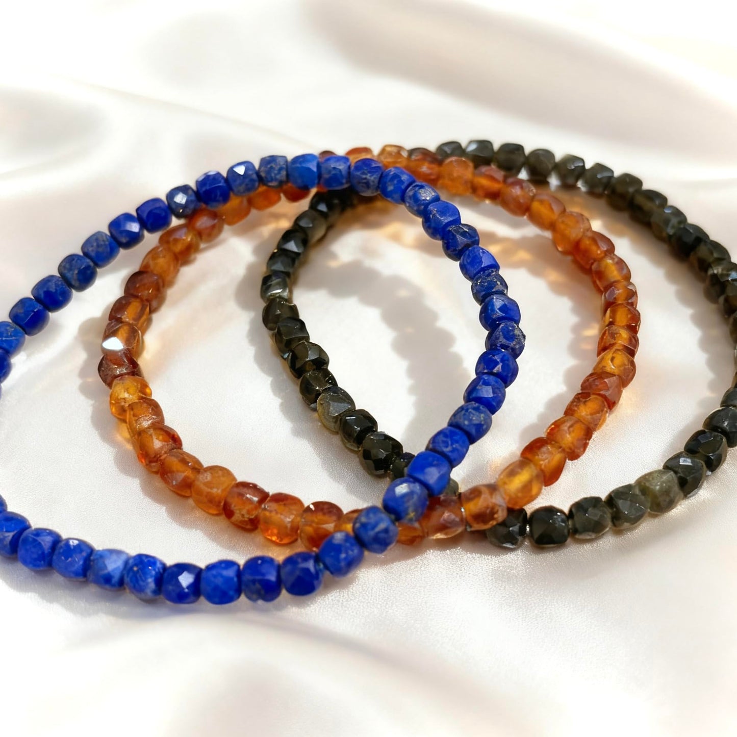 3Pcs Natural 5A Crystal Gemstone Bracelet for Women and Teens | 4mm Icosahedron Shape Healing Energy Charged Quartz Stone Beads (Protection Pack (Lapis Lazuli, Orange Garnet, Golden Obsidian))