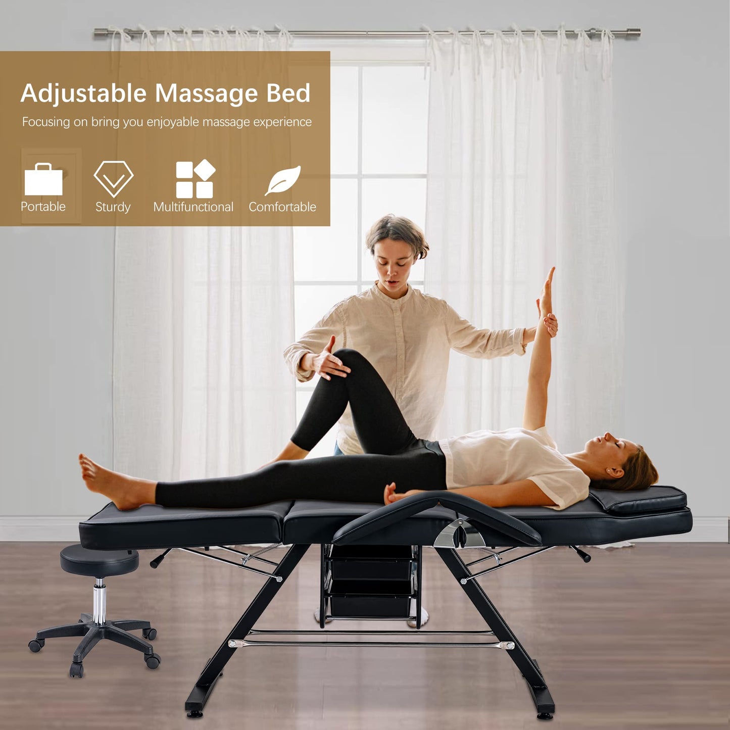 Anzios Massage Salon Tattoo Chair with Two Trays Esthetician Bed with Hydraulic Stool, Multi-Purpose 3-Section Facial Bed Table, Adjustable Beauty Barber Spa Beauty Equipment