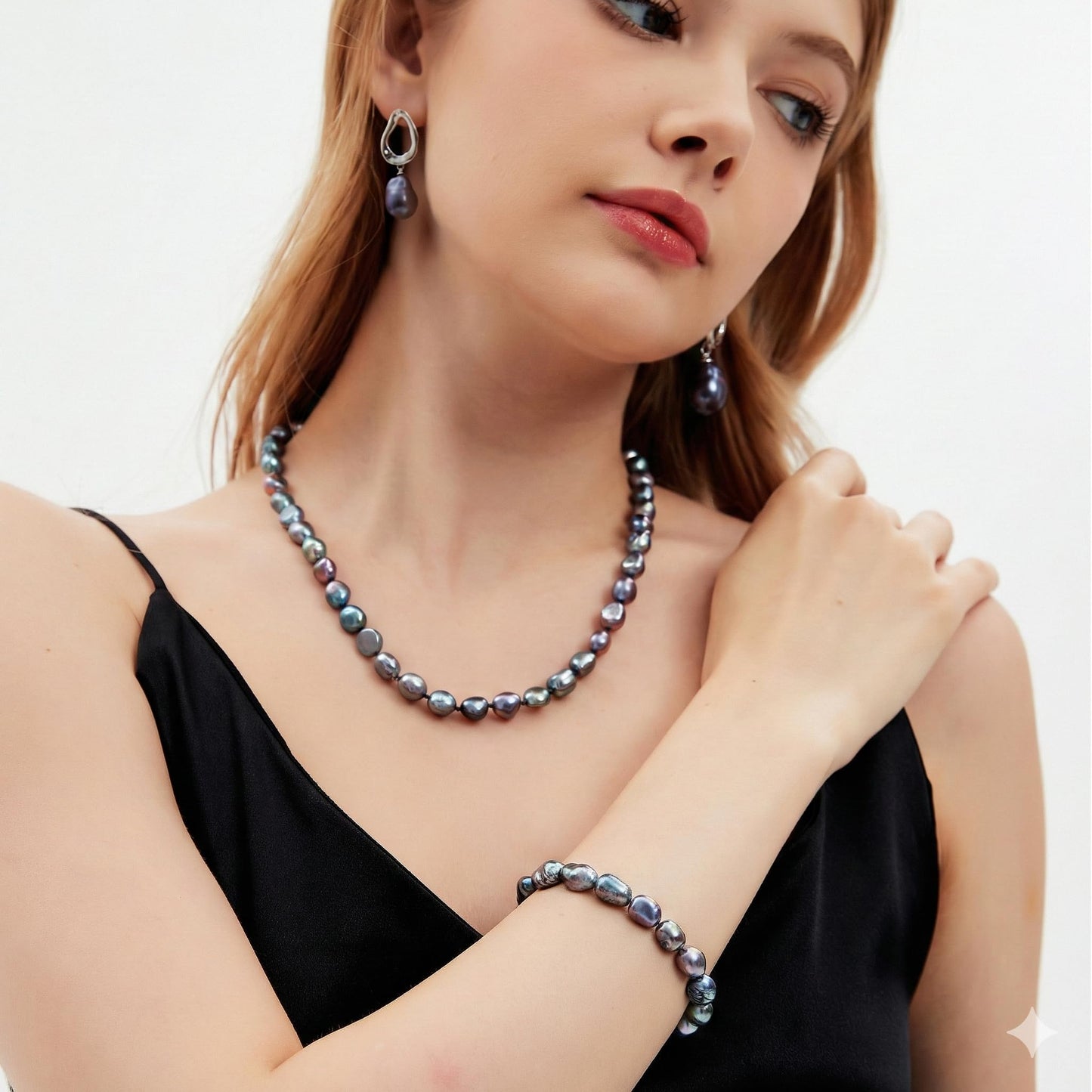BAMIKI Tahitian Pearl Jewelry Set for Women, Baroque Saltwater Cultured Black Pearl Necklace Bracelet Earrings Set 8.5-9mm, 925 Sterling Silver Clasp, Gift for Birthday Anniversary Mother's Day