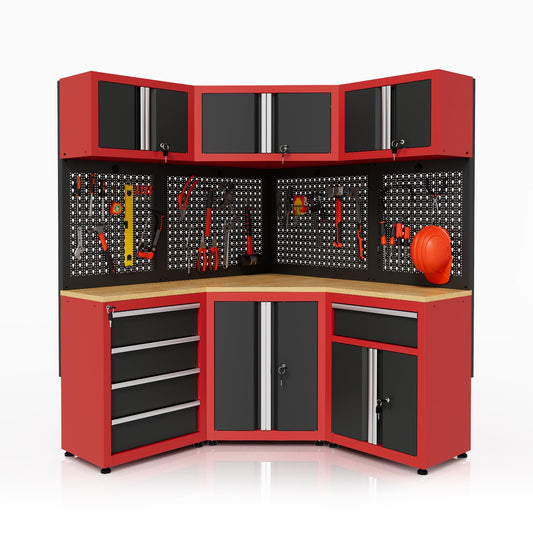 AIRAJ 75" Heavy Duty L-Shaped Corner Tool Chest with Workbench, Top Cabinets & Pegboard,Lockable Garage Tool Cabinet with Drawers, Industrial Tool Organizer for Workshop, Basement, Garage Storage