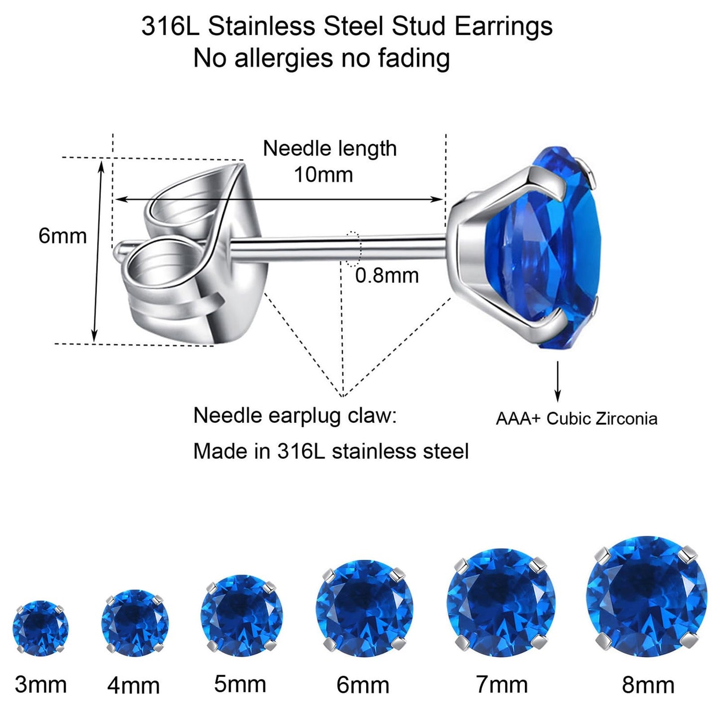 6 Pairs Stud Earrings Set, Hypoallergenic Cubic Zirconia Earrings 316L Stainless Steel CZ Earrings 3-8mm (Royal blue CZ)