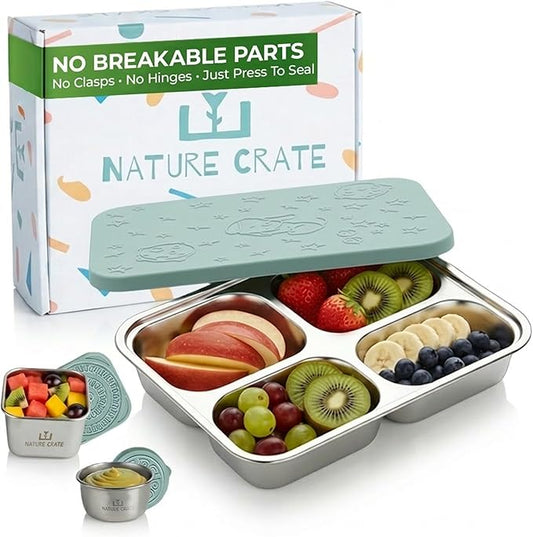 Stainless Steel Lunch Box for Kids 5 and Older – 3 Pieces Stainless Steel Bento Box with 4 Compartments & 2 Snack Containers – Leak Proof, BPA-Free, Eco-Friendly, Dishwasher Safe & Durable – Green