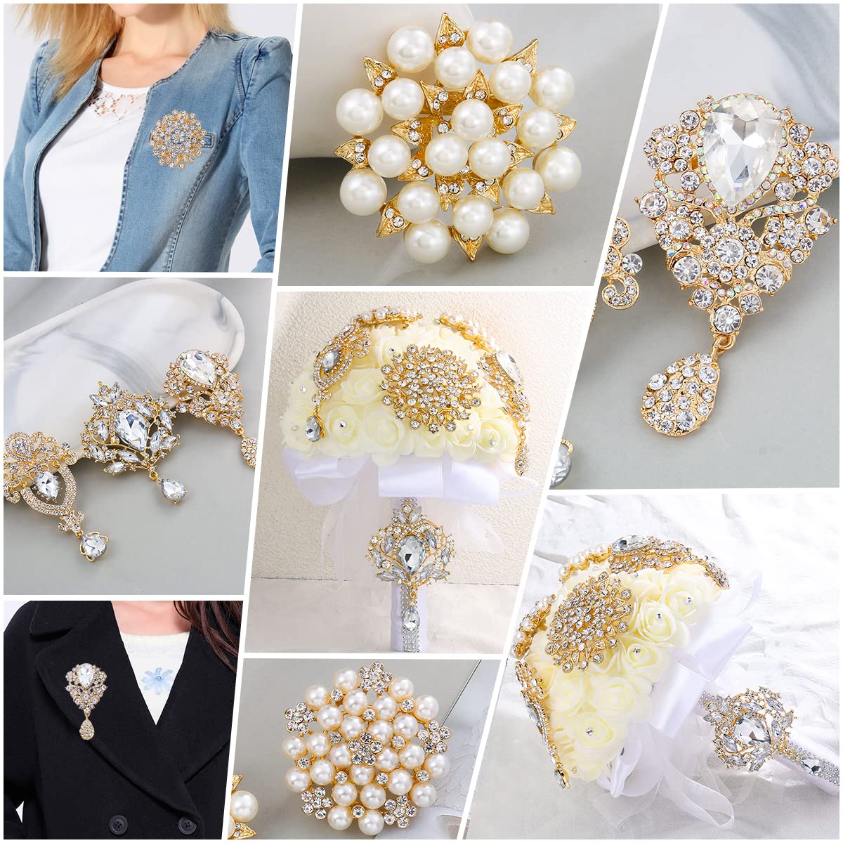 MEEDOZ Crystal Rhinestone Flower Brooch Pin Set for Women DIY Bridal Wedding Bouquet Kit (Gold-tone 6pcs)