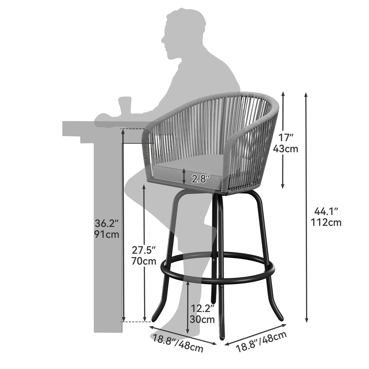 YITAHOME Counter Height Bar Stools Set of 4, Outdoor Bar Stools with Soft Cushions, Patio Rattan Swivel Bar Chairs for Backyard Poolside, Garden w /360 Rotation (Gray)