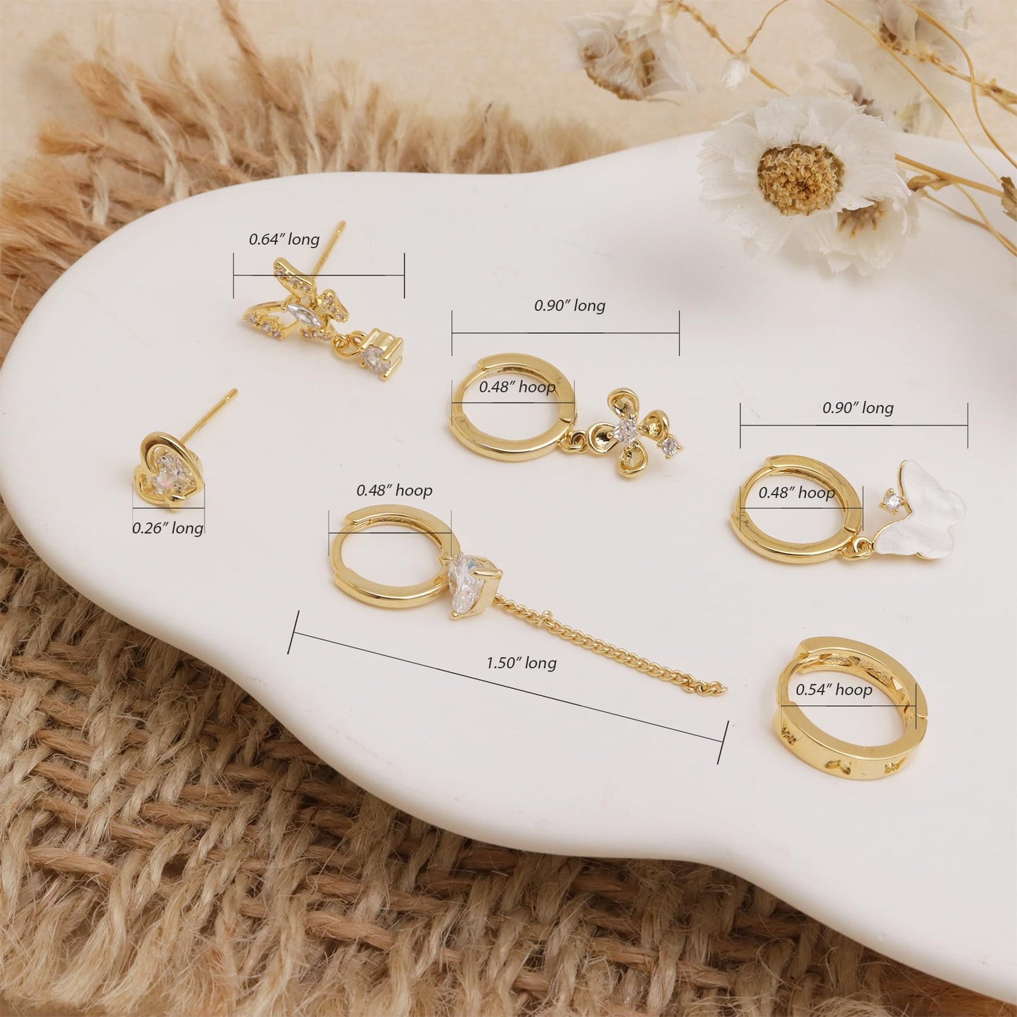 Frigotine Gold Butterfly Heart Small Hoop Stud Earrings Stack Set for Women, Dainty Sparkly Rhinestone Crystal Drop Multiple Piercing Cartilage Huggie Earing Holiday Prom Fashion Jewelry Gift