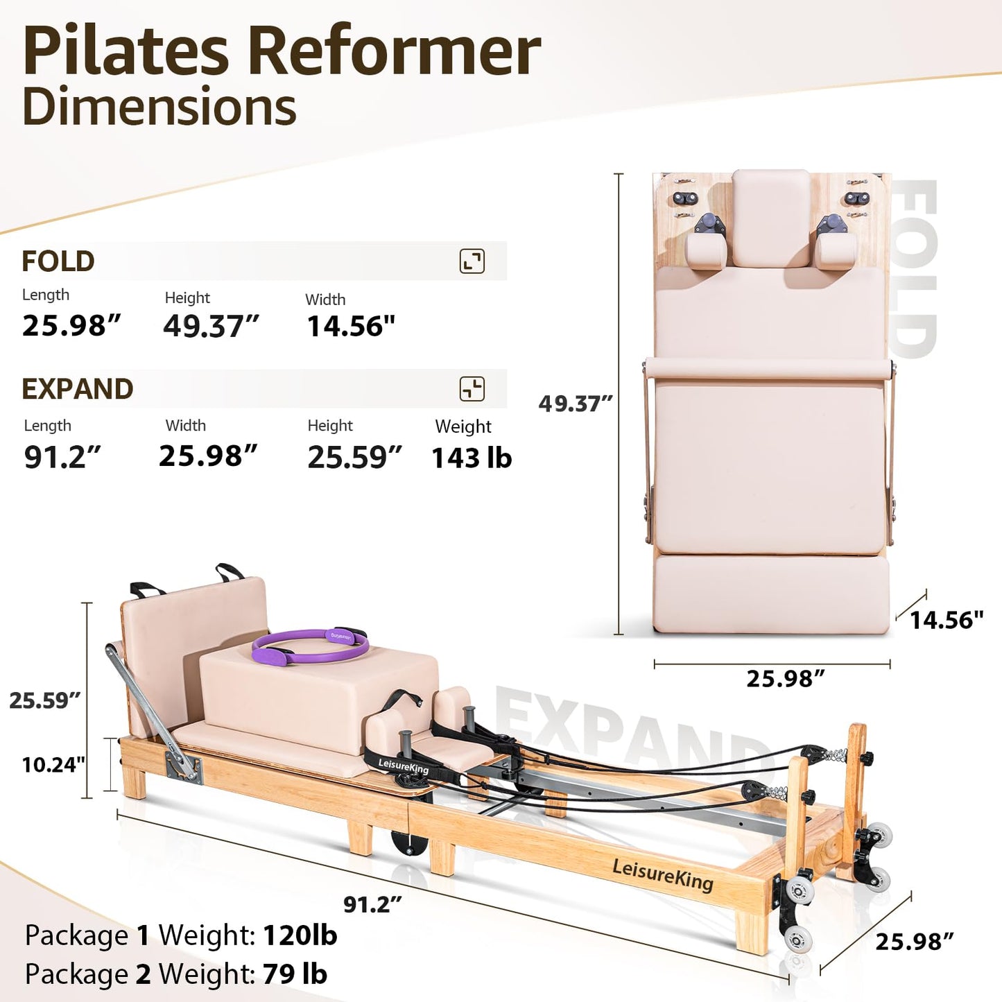 Pilates Reformer Machine, Quick-Assembly Foldable Studio Grade Pilates Equipment for Gym and Home, Oak Wood Pilates Reformer with Reformer Accessories