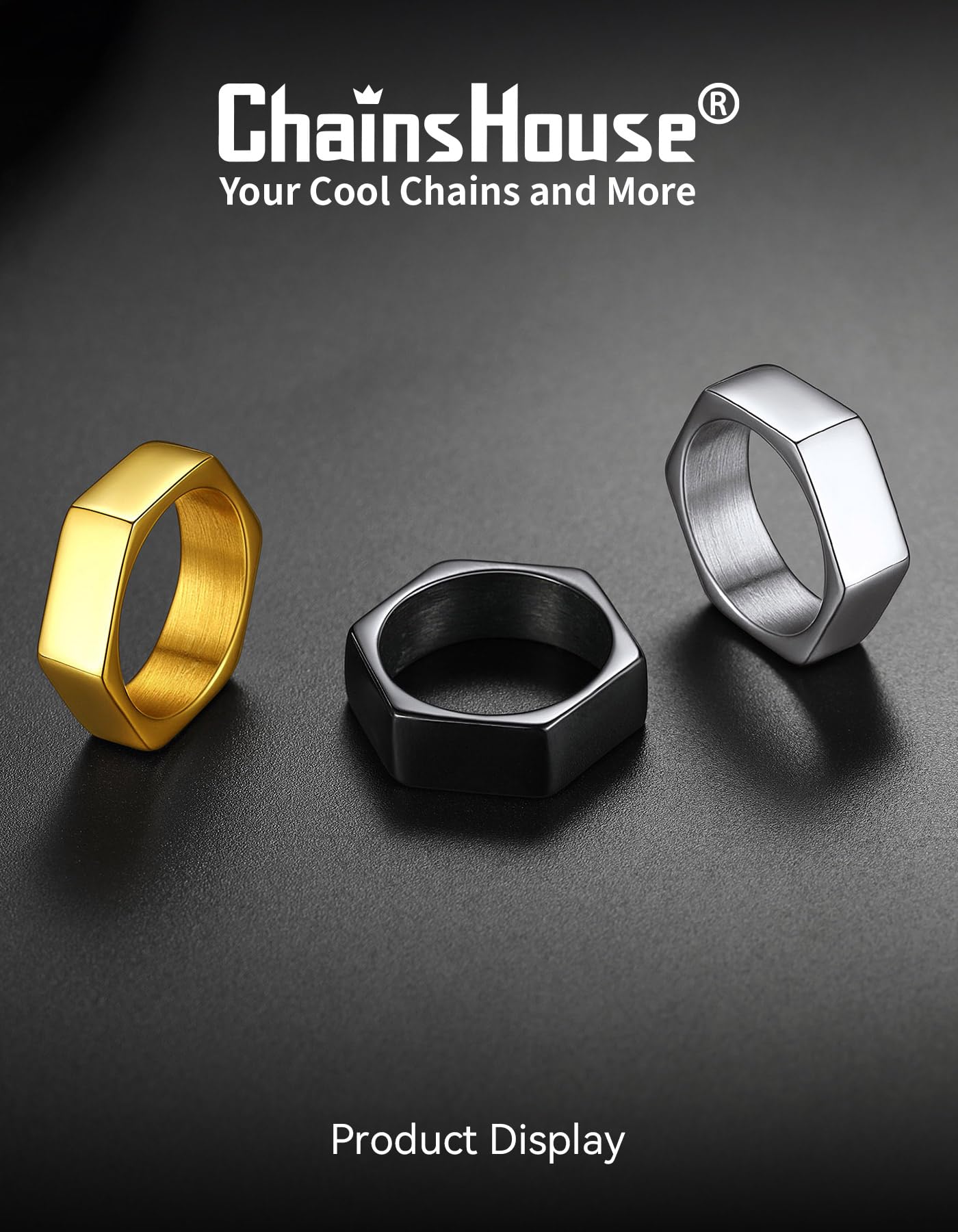 ChainsHouse Black Biker Ring Stainless Steel Jewelry Size 14 Punk Hexagon Geometric Band Rings
