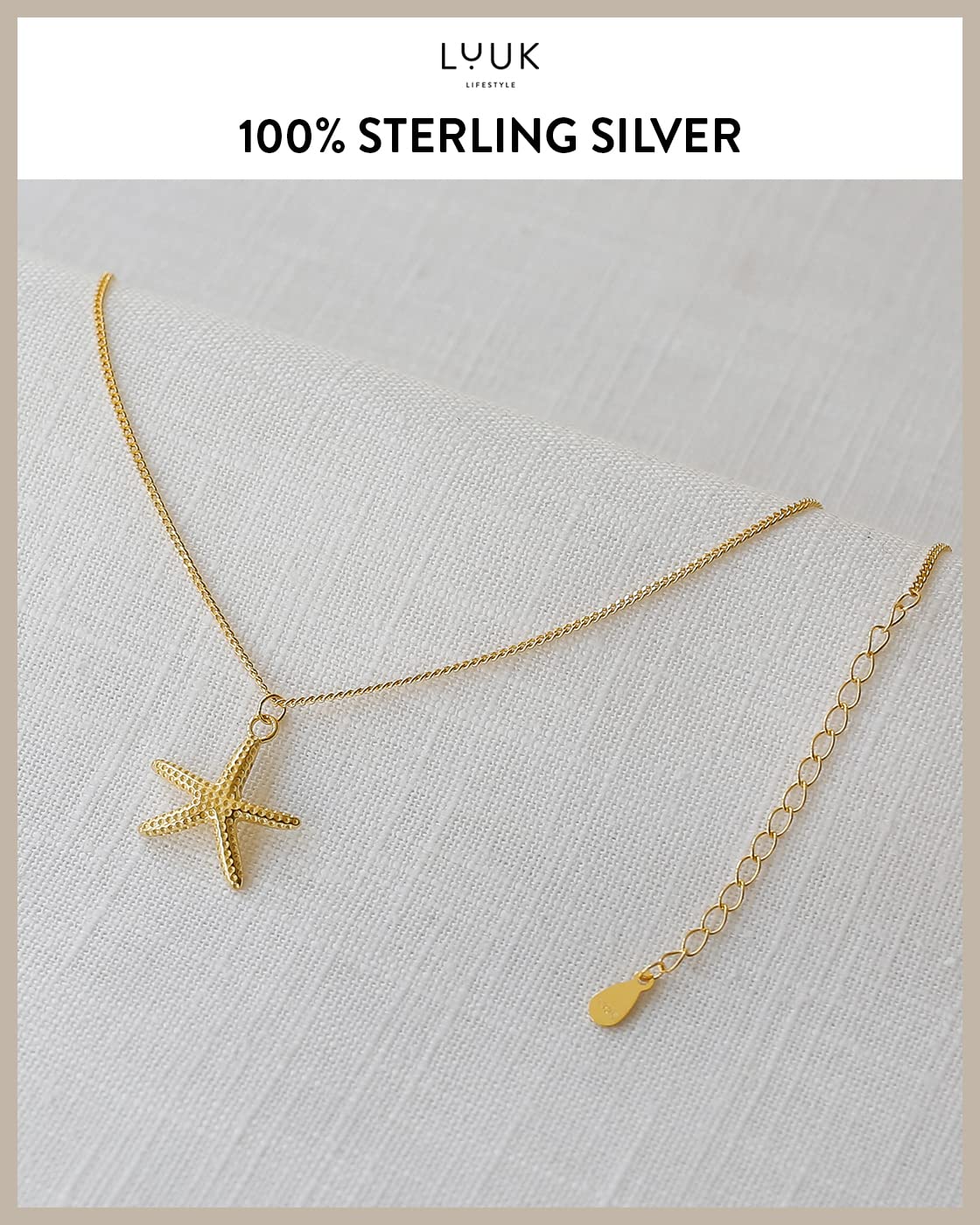 LUUK LIFESTYLE Necklace with starfish pendant and HAPPINESS card, 925 sterling silver, jewelry gift idea for women, 19”, modern fashion accessory for summer, adjustable chain, rose gold