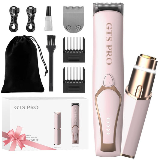 Bikini Trimmer for Women Electric Razor 2 Pack Dual Head Body & Facial Hair Remover -Waterproof USB Rechargeable with Replacement Ceramic Blades, Travel Pouch & Packaging Box(Pink)