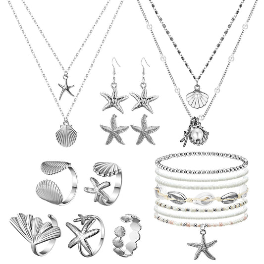 16 Pcs Seashell Starfish Jewelry Set for Women Seashell Earrings Rings Boho Layer Charm Necklace Summer Beach Bracelets Natural White Anklet for Summer Holiday Vacation Accessories(Silver,Beach)