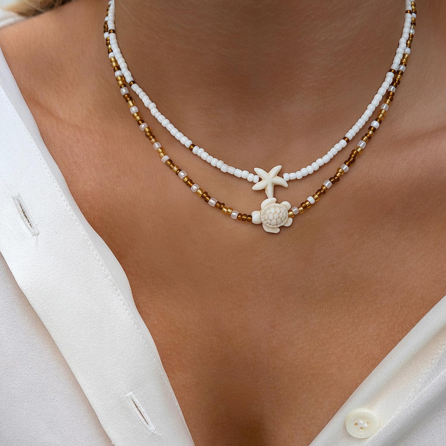 Lameybrt Cowrie Shell Surfer Necklaces, Hawaiian Beach Handmade Choker Set for Women, White Rice Bead with Black Accents, Bohemian Summer Seashell Choker 2 Piece Set, Perfect for Summer Beach Vacation, Birthday, Mother’s Day & Holiday Gifts (Shell 16 Turt
