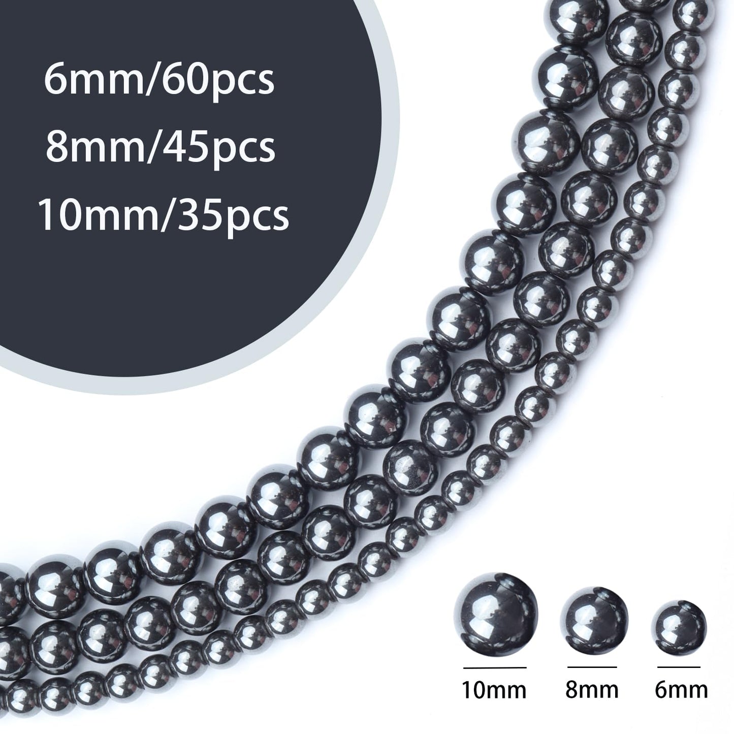 Siomia 60pcs 6mm Natural Black Hematite Beads Energy Healing Crystal Round Loose Stone Beads for Jewelry Making, DIY Bracelets Necklaces