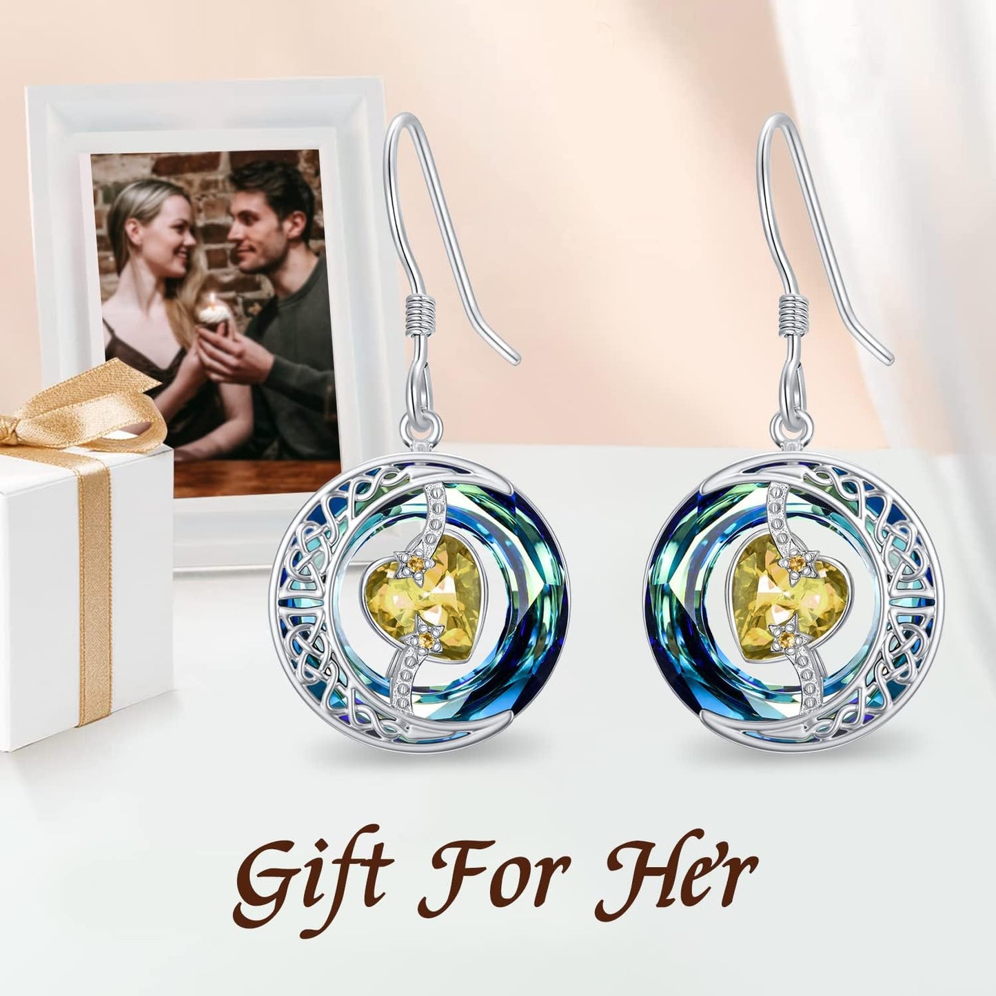 TOUPOP Citrine Earrings November Birthstone Earrings Sterling Silver Moon and Star Drop Dangle Earring Jewelry Blue Crystal Birthday Mothers Day Gifts for Women Mom Her