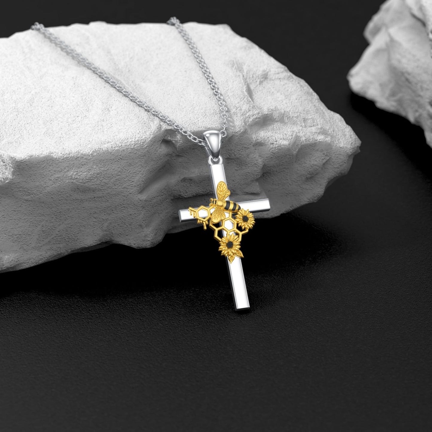 Flpruy Bumble Bee Cross Necklace 925 Sterling Silver Honeycomb Bee Jewelry Gifts for Women