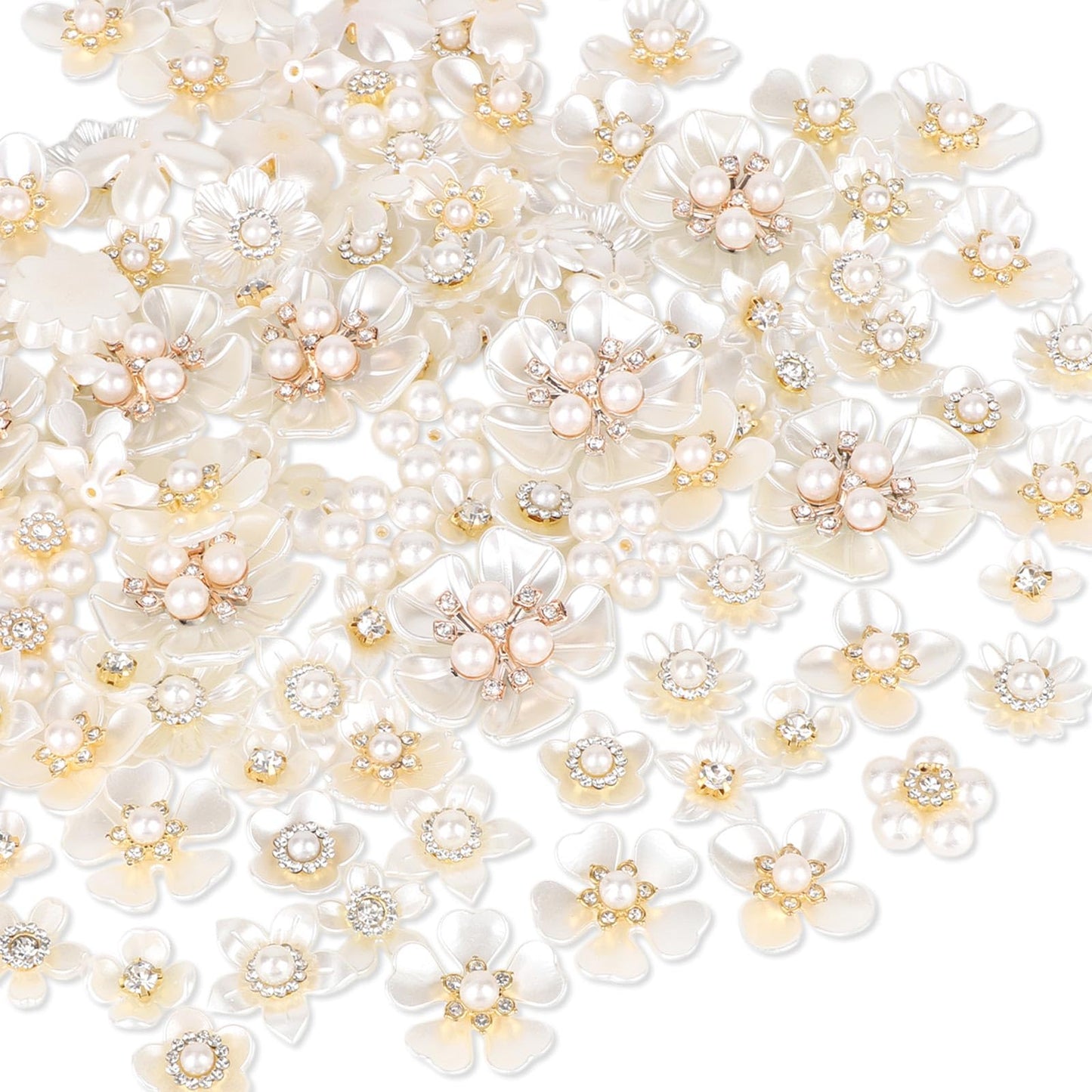 150pcs Rhinestone Pearl Buttons, 15 Styles Decorative Flat Back Flower Embellishments Faux Pearl Buttons for Crafts Jewelry Making Wedding Hair Accessories Bags Shoes Decor