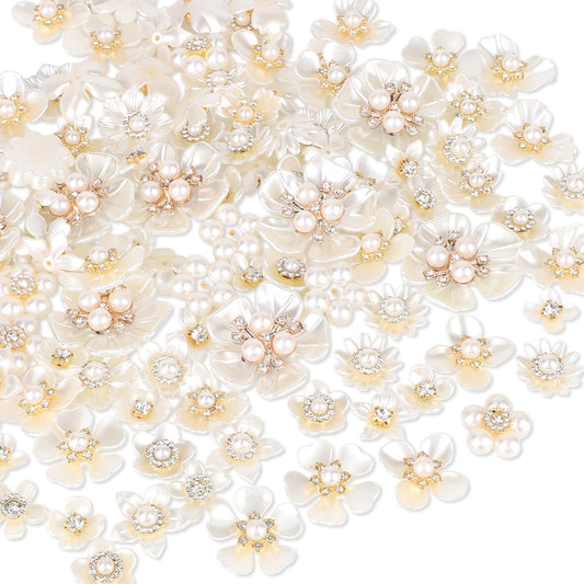 150pcs Rhinestone Pearl Buttons, 15 Styles Decorative Flat Back Flower Embellishments Faux Pearl Buttons for Crafts Jewelry Making Wedding Hair Accessories Bags Shoes Decor