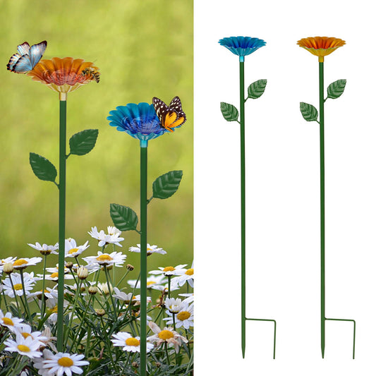 2 Pack Bee Watering Station,Bee Bath for Garden Metal Bee Water Feeder with Flower Design, Colorful Butterfly Bee Bath Bowl for Outdoor Garden Yard Decor (Blue,Yellow)