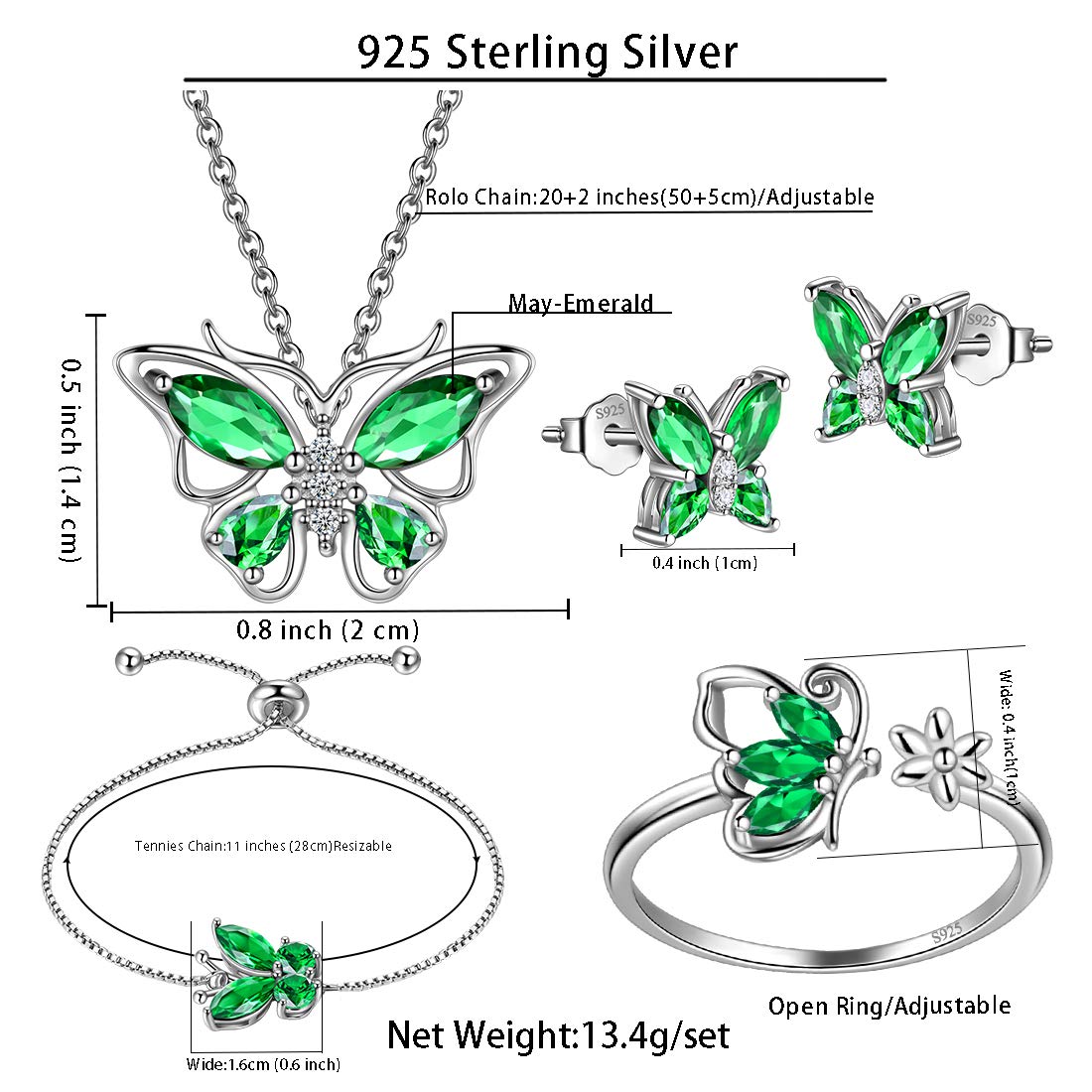 Hipunk Butterfly Green Jewelry Sets Birthstone Women 925 Sterling Silver May-Emerald Birth Stone Animal Butterflies Jewelry Sets/Earring/Ring/Bracelet Set Crystal Birthday Jewelry SS0003G